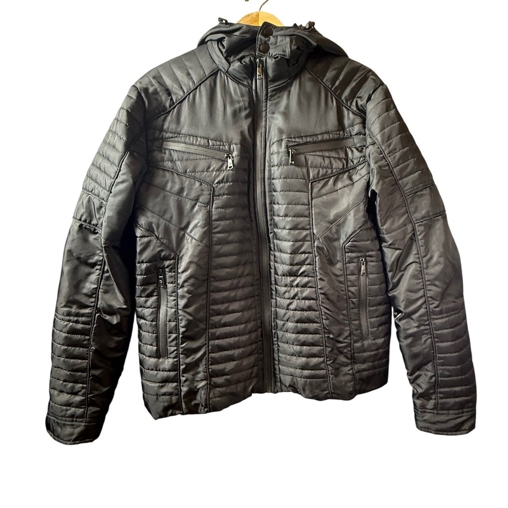 Fried Denim NYC Mens Black Quilted Puffer Moto‎ Jacket Detachable Hood XL